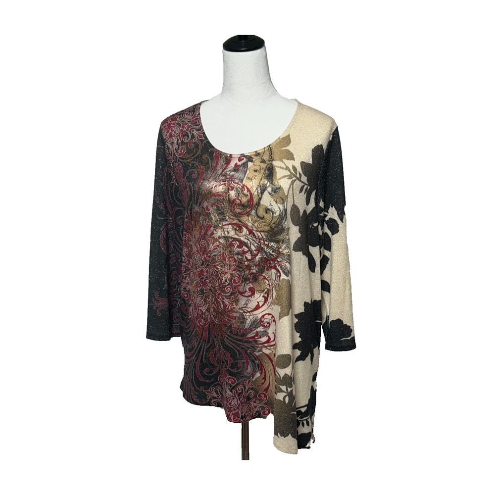 Chicos Top Large 2 Gold Red Sully Baroque Floral Metallic Asymmetrical Hem Tunic